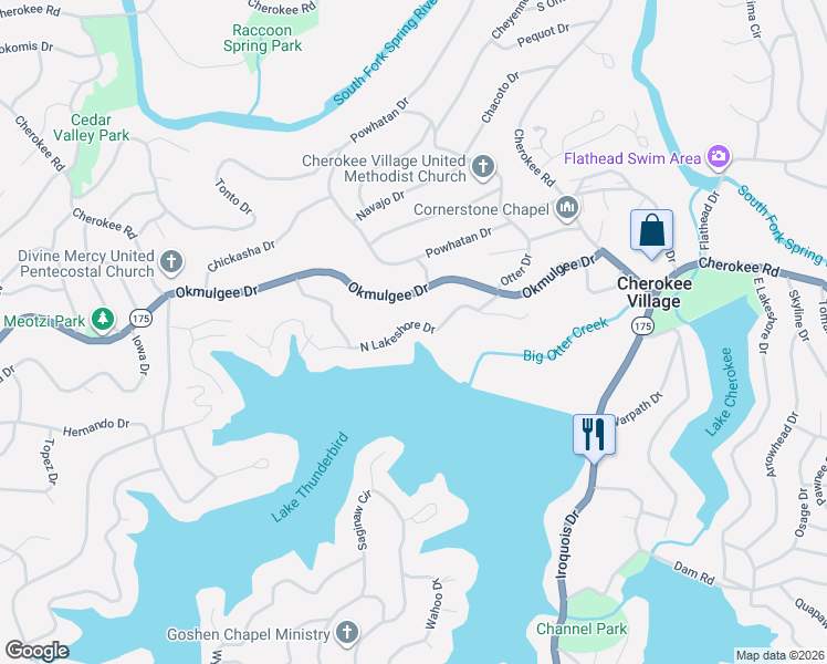 map of restaurants, bars, coffee shops, grocery stores, and more near 50 North Lakeshore Drive in Cherokee Village