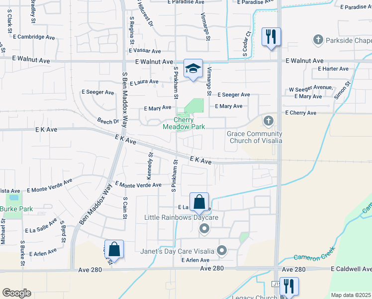 map of restaurants, bars, coffee shops, grocery stores, and more near 2225 East Country Avenue in Visalia