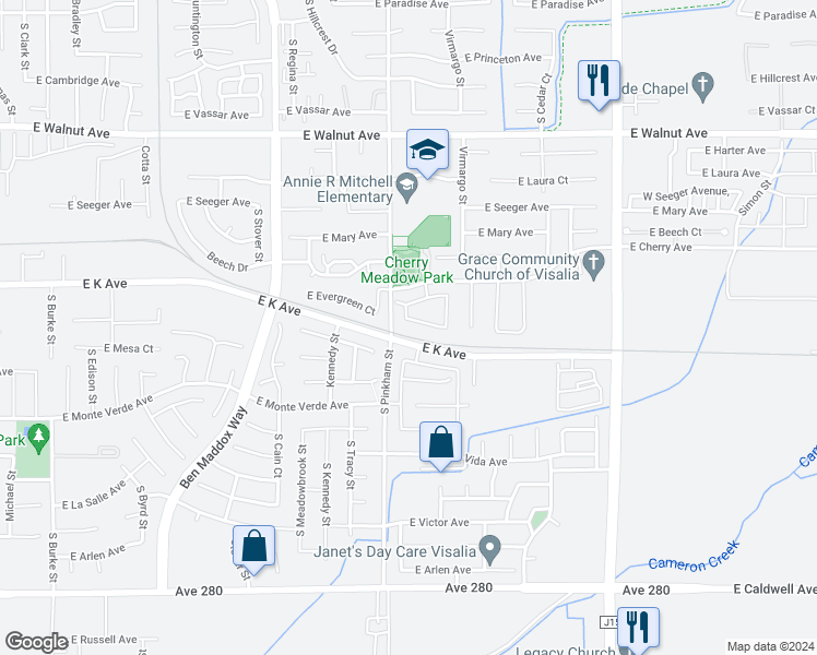 map of restaurants, bars, coffee shops, grocery stores, and more near 2213 East Country Avenue in Visalia
