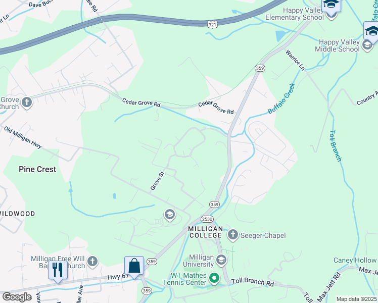 map of restaurants, bars, coffee shops, grocery stores, and more near 1 Milligan Lane in Johnson City