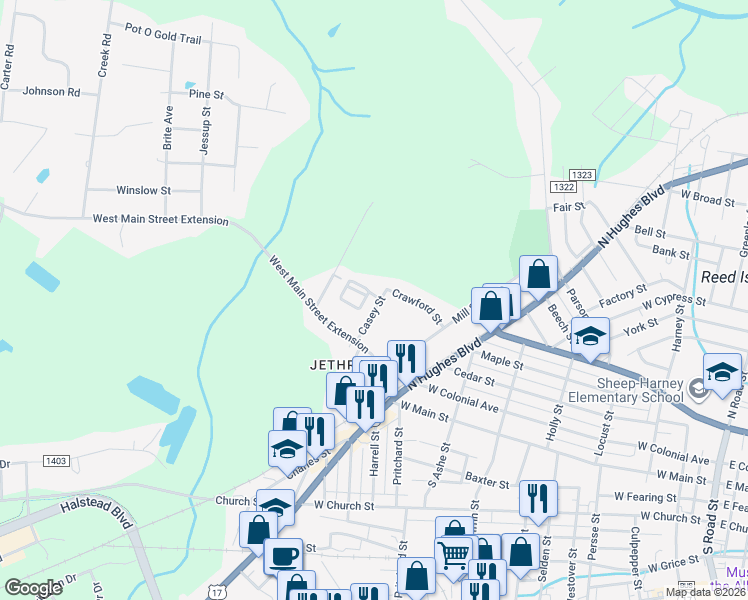 map of restaurants, bars, coffee shops, grocery stores, and more near 107 Casey Street in Elizabeth City