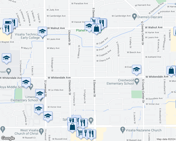 map of restaurants, bars, coffee shops, grocery stores, and more near 3800 West Country Avenue in Visalia