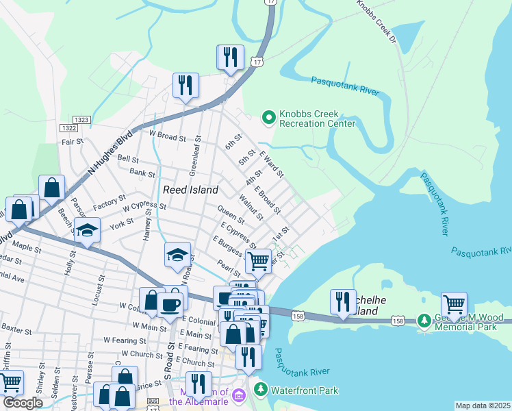 map of restaurants, bars, coffee shops, grocery stores, and more near 300 Walnut Street in Elizabeth City