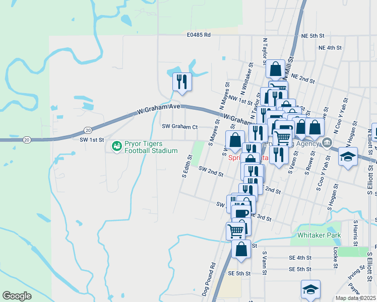 map of restaurants, bars, coffee shops, grocery stores, and more near 108 South Edith Street in Pryor