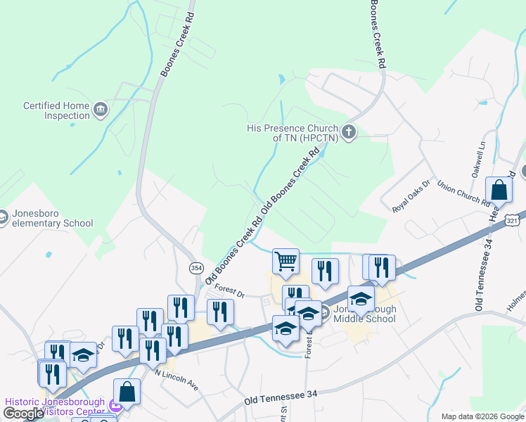 map of restaurants, bars, coffee shops, grocery stores, and more near 939 Old Boones Creek Road in Jonesborough
