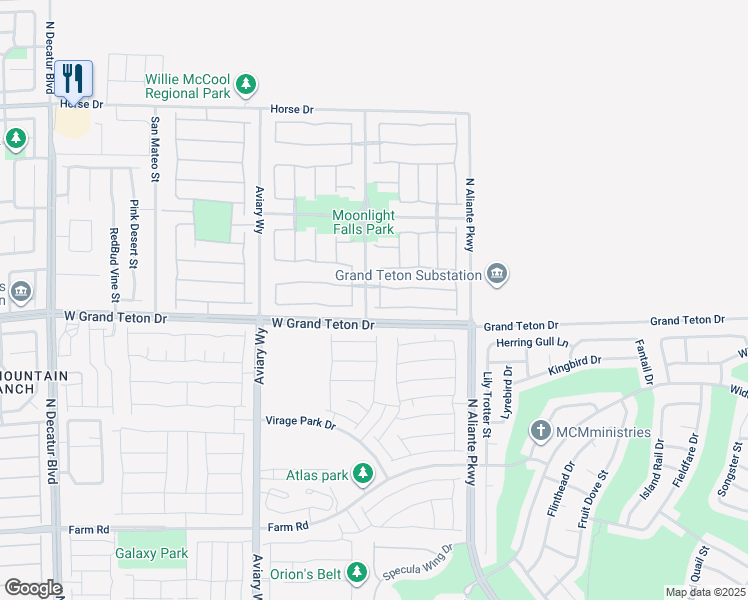 map of restaurants, bars, coffee shops, grocery stores, and more near 8021 Glacier Falls Street in North Las Vegas