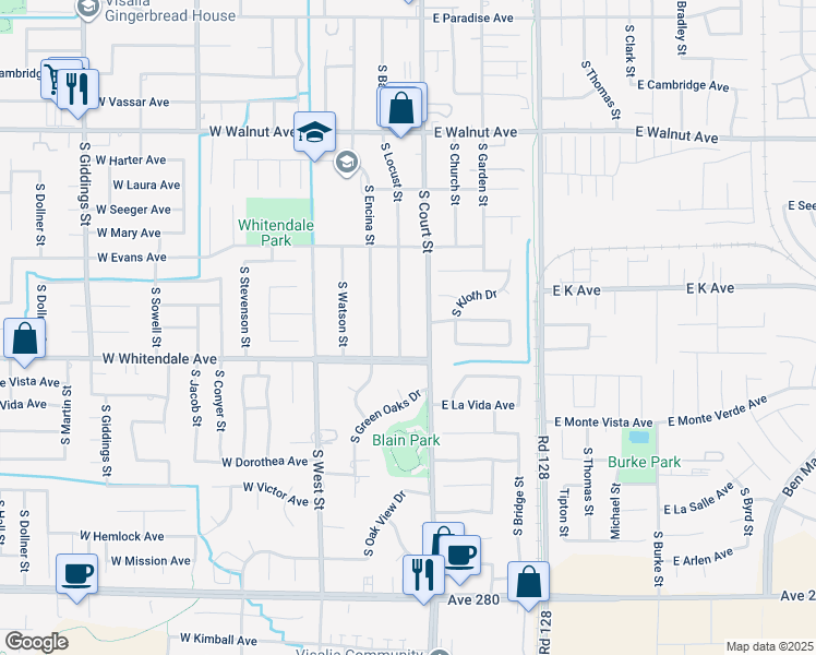 map of restaurants, bars, coffee shops, grocery stores, and more near 2642 South Locust Street in Visalia