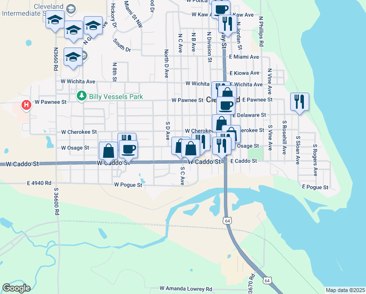 map of restaurants, bars, coffee shops, grocery stores, and more near 350 South C Avenue in Cleveland