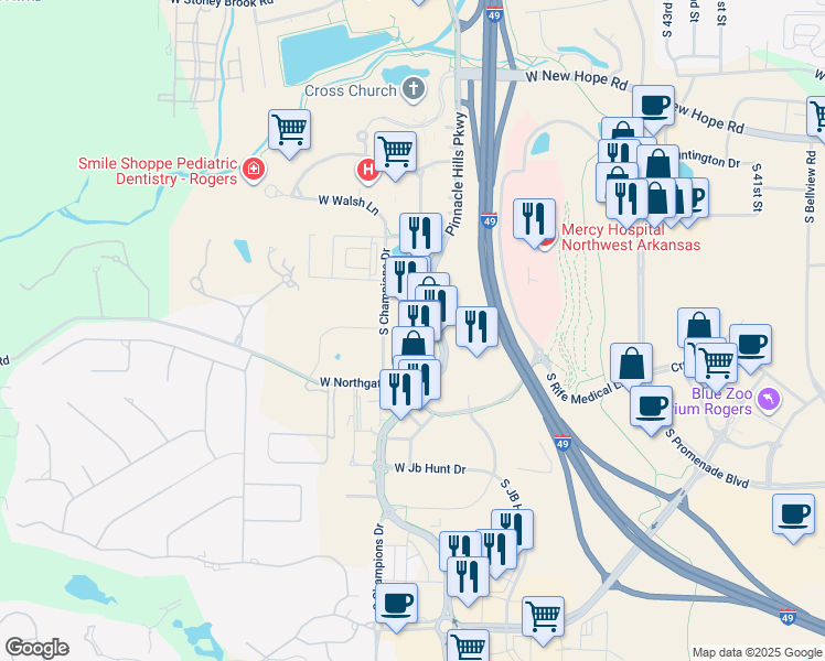 map of restaurants, bars, coffee shops, grocery stores, and more near 3201 South Market Street in Rogers