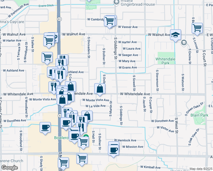 map of restaurants, bars, coffee shops, grocery stores, and more near 2644 South Dollner Street in Visalia