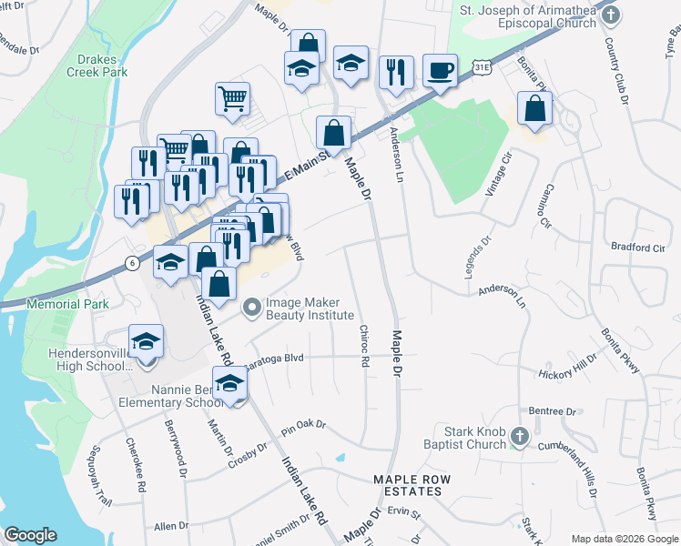 map of restaurants, bars, coffee shops, grocery stores, and more near 116 Saranac Trail in Hendersonville