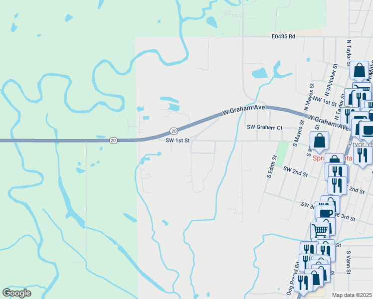 map of restaurants, bars, coffee shops, grocery stores, and more near 33 Strawhun Road in Pryor