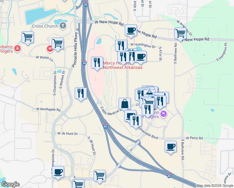 map of restaurants, bars, coffee shops, grocery stores, and more near Razorback Greenway in Rogers