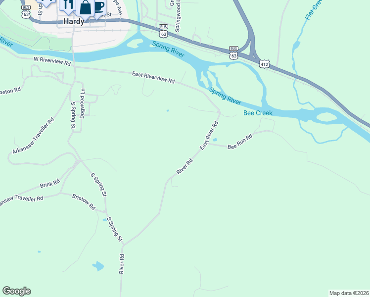 map of restaurants, bars, coffee shops, grocery stores, and more near 166 River Road in Hardy