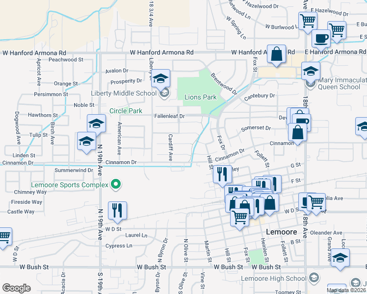 map of restaurants, bars, coffee shops, grocery stores, and more near 699 Wexford Court in Lemoore