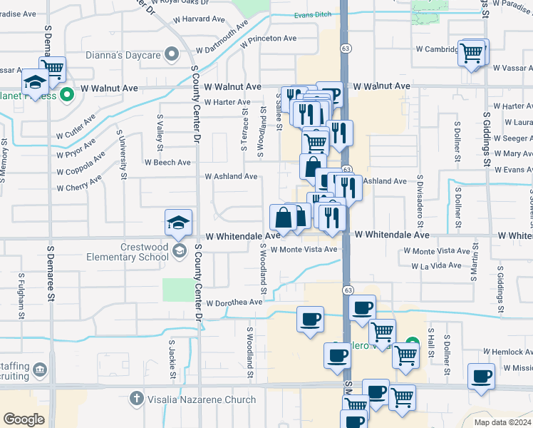 map of restaurants, bars, coffee shops, grocery stores, and more near 2648 South Woodland Street in Visalia