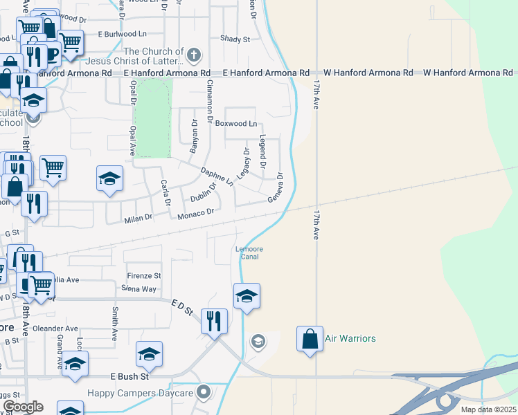 map of restaurants, bars, coffee shops, grocery stores, and more near 1026 Legend Place in Lemoore