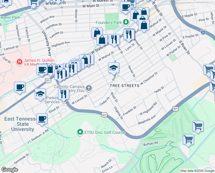 map of restaurants, bars, coffee shops, grocery stores, and more near 700 West Locust Street in Johnson City
