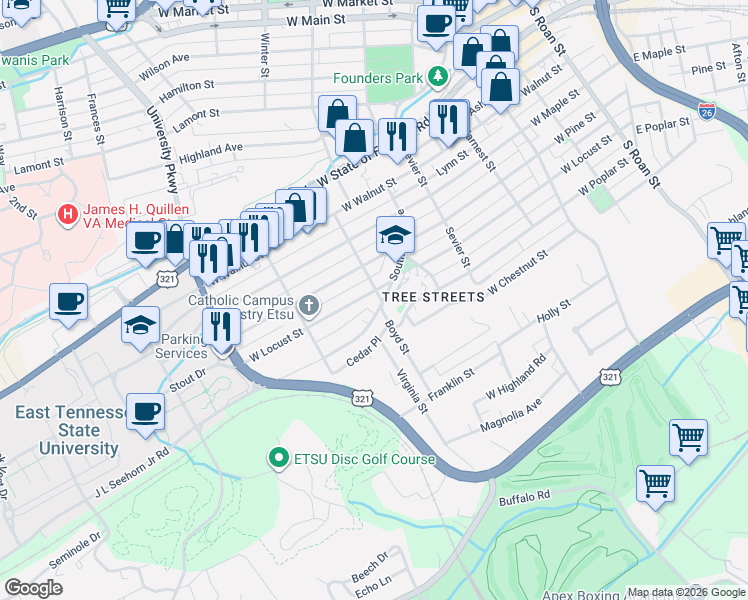 map of restaurants, bars, coffee shops, grocery stores, and more near 701 West Locust Street in Johnson City