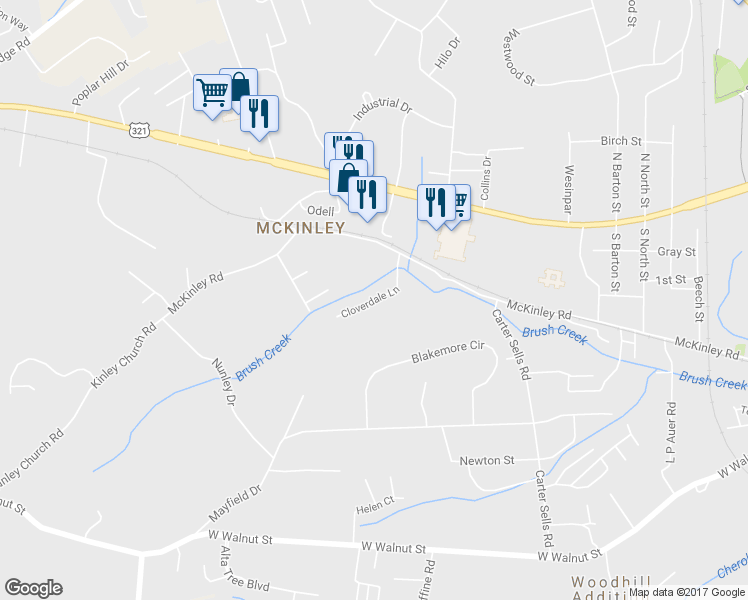 map of restaurants, bars, coffee shops, grocery stores, and more near 198 Cloverdale Lane in Johnson City