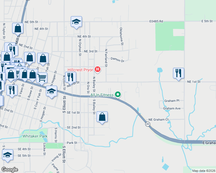 map of restaurants, bars, coffee shops, grocery stores, and more near 1220 Northeast 1st Street in Pryor