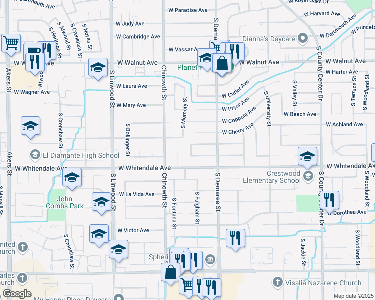 map of restaurants, bars, coffee shops, grocery stores, and more near 2615 South Fulgham Street in Visalia