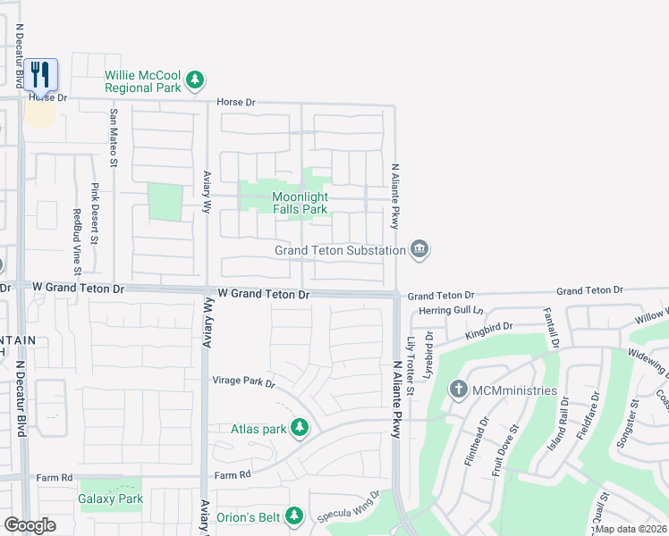 map of restaurants, bars, coffee shops, grocery stores, and more near 3909 Bracebridge Falls Avenue in North Las Vegas
