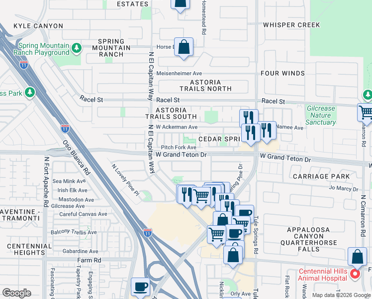 map of restaurants, bars, coffee shops, grocery stores, and more near 8032 North Gobbler Grove Street in Las Vegas