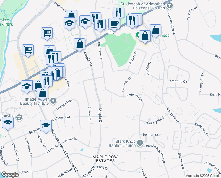 map of restaurants, bars, coffee shops, grocery stores, and more near 175 Anderson Lane in Hendersonville