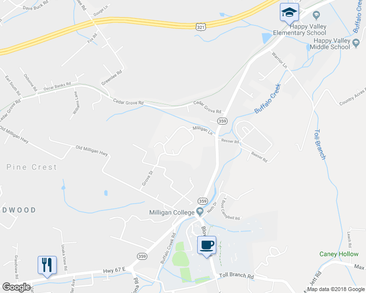 map of restaurants, bars, coffee shops, grocery stores, and more near Milligan Lane in Johnson City
