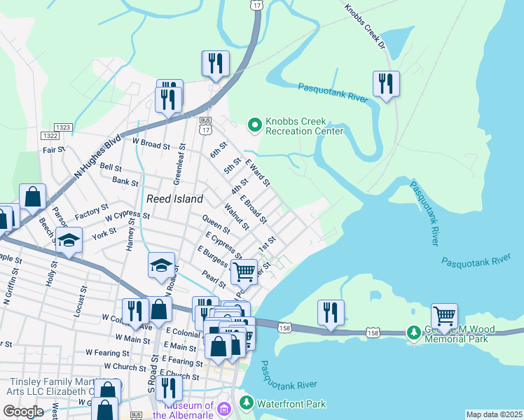 map of restaurants, bars, coffee shops, grocery stores, and more near 306 East Broad Street in Elizabeth City