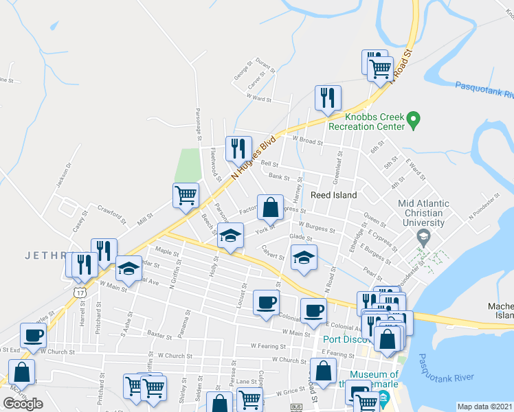 map of restaurants, bars, coffee shops, grocery stores, and more near 608 Factory Street in Elizabeth City