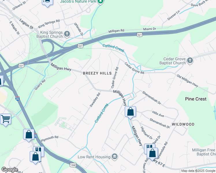 map of restaurants, bars, coffee shops, grocery stores, and more near 1003 Milligan Hwy in Johnson City