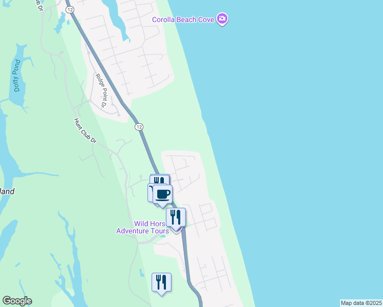 map of restaurants, bars, coffee shops, grocery stores, and more near 613 Sea Oats Court in Corolla