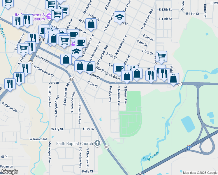 map of restaurants, bars, coffee shops, grocery stores, and more near 205 Perdue Avenue in Claremore