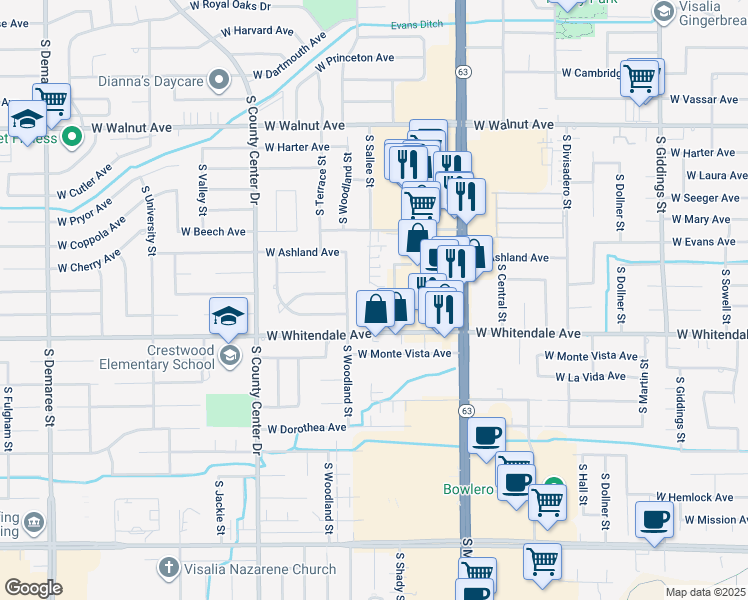 map of restaurants, bars, coffee shops, grocery stores, and more near 2528 South Sallee Street in Visalia