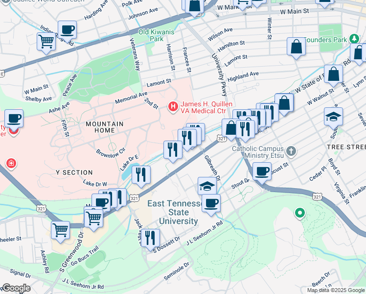 map of restaurants, bars, coffee shops, grocery stores, and more near 1109 University Parkway in Johnson City