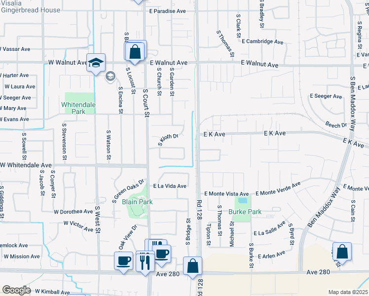 map of restaurants, bars, coffee shops, grocery stores, and more near 2310 South Bridge Street in Visalia