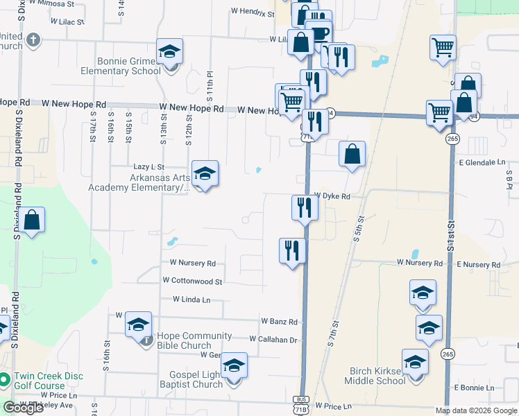 map of restaurants, bars, coffee shops, grocery stores, and more near 901 West Green Acres Drive in Rogers