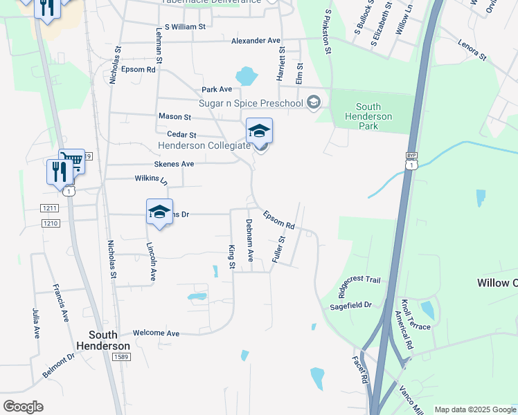 map of restaurants, bars, coffee shops, grocery stores, and more near Epsom Road in Henderson