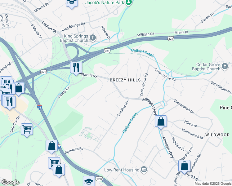 map of restaurants, bars, coffee shops, grocery stores, and more near 900 Milligan Highway in Johnson City