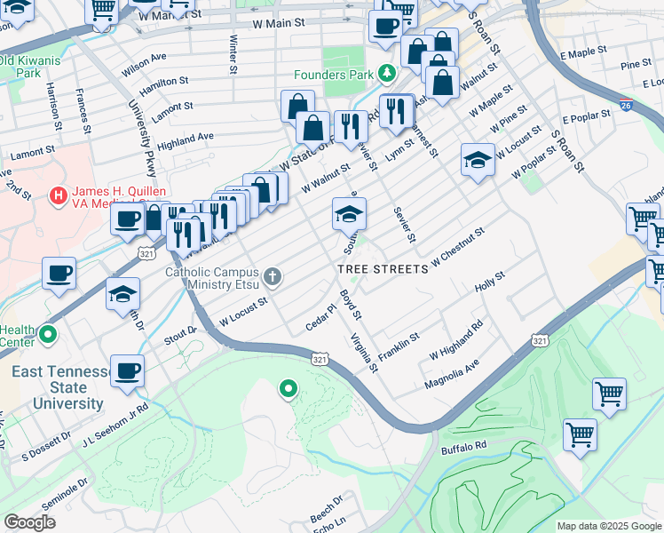 map of restaurants, bars, coffee shops, grocery stores, and more near 700 West Locust Street in Johnson City