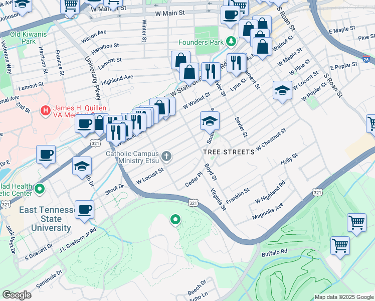 map of restaurants, bars, coffee shops, grocery stores, and more near 700 West Locust Street in Johnson City