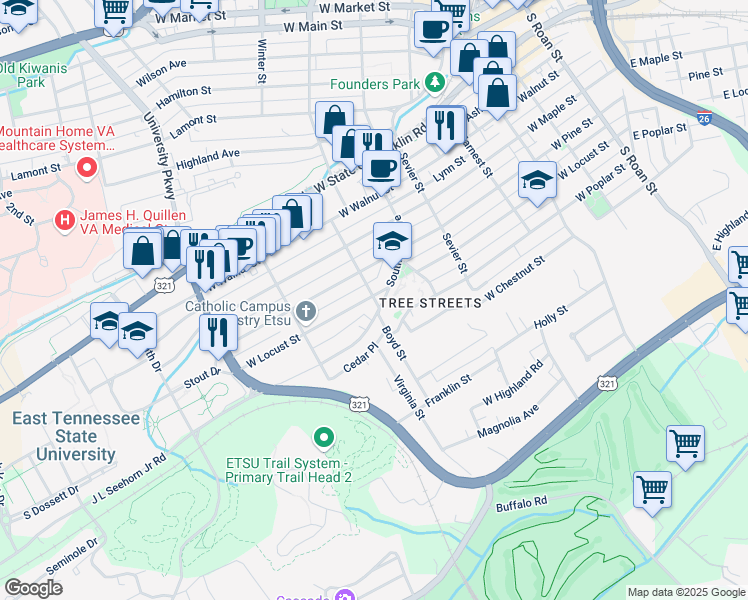 map of restaurants, bars, coffee shops, grocery stores, and more near 701 West Locust Street in Johnson City