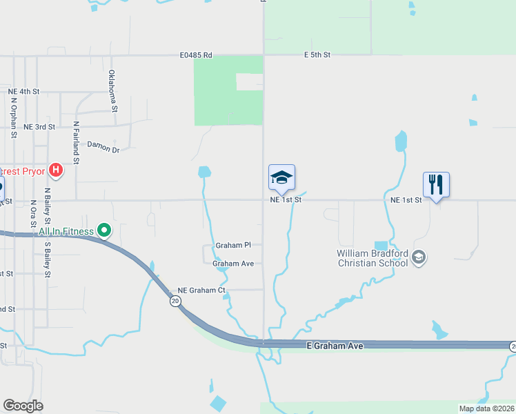 map of restaurants, bars, coffee shops, grocery stores, and more near 2022 Northeast 1st Street in Pryor