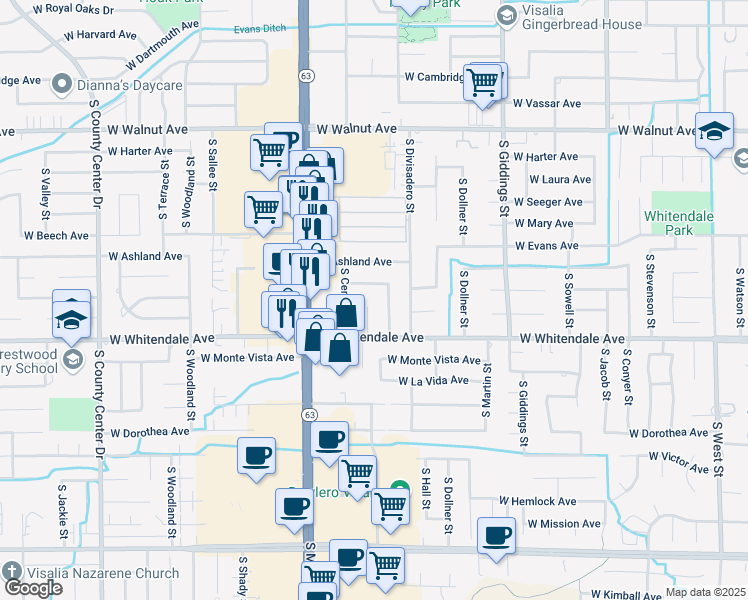 map of restaurants, bars, coffee shops, grocery stores, and more near 1829 West Cherry Avenue in Visalia