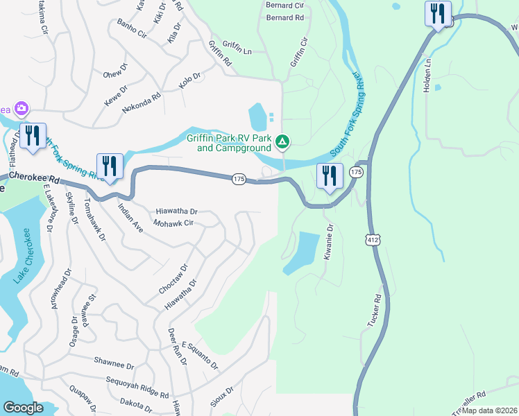 map of restaurants, bars, coffee shops, grocery stores, and more near 2 Deer Run Drive in Cherokee Village