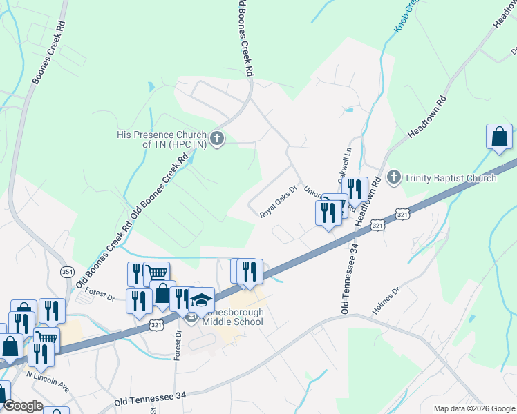 map of restaurants, bars, coffee shops, grocery stores, and more near 138 Royal Oaks Drive in Jonesborough