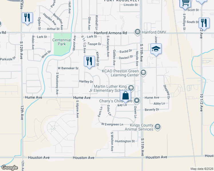map of restaurants, bars, coffee shops, grocery stores, and more near 1387 Echo Lane in Hanford