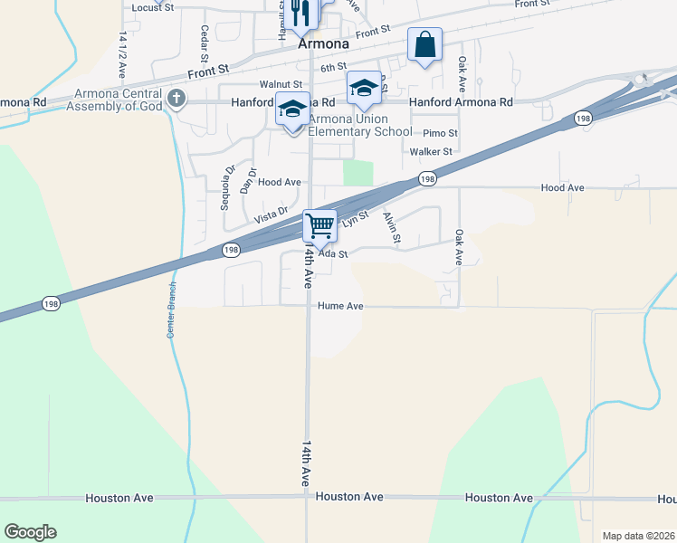 map of restaurants, bars, coffee shops, grocery stores, and more near 13893 Ada Street in Armona